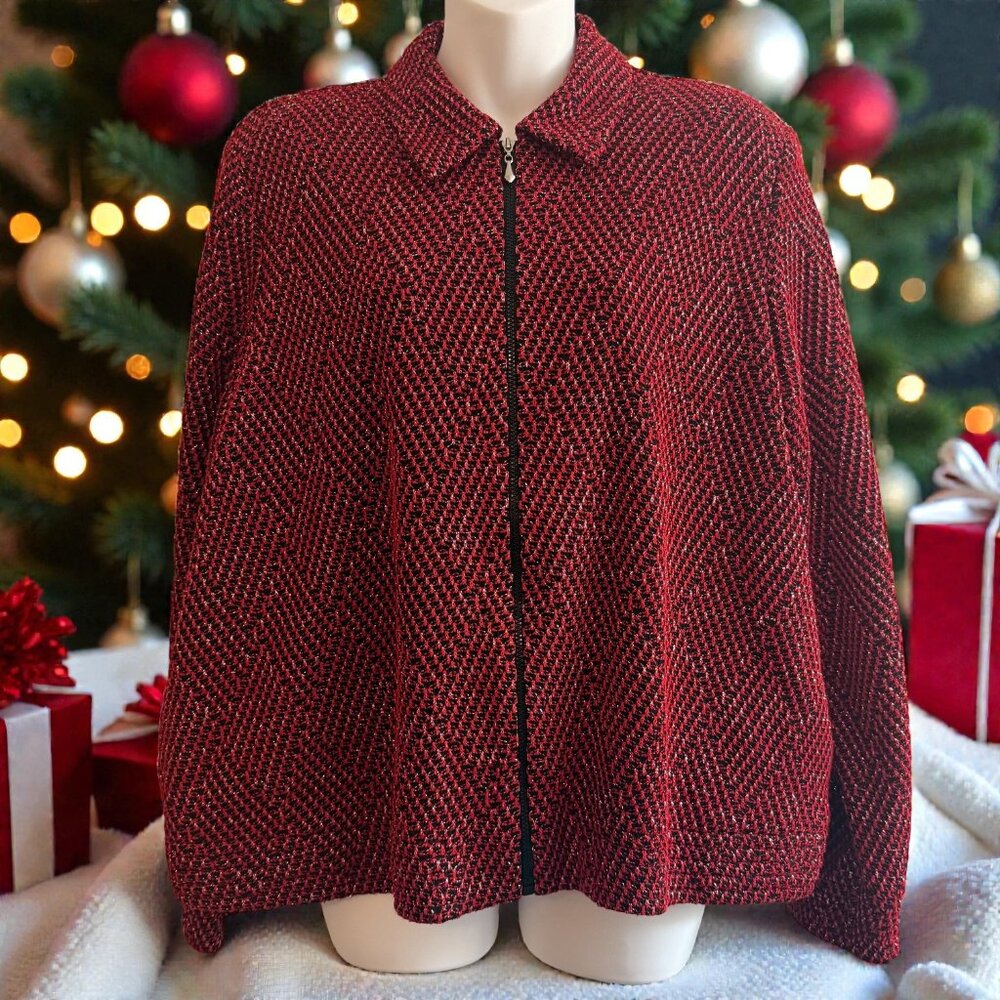 Alfred Dunner Petite Red & Black Metallic Knit Zip-Front Jacket | Size 12P